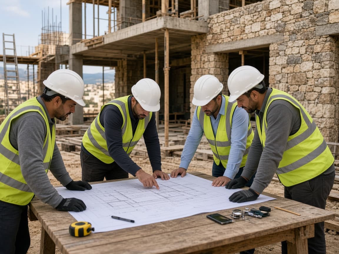 Site engineers and tradespeople reviewing drawings on a construction site