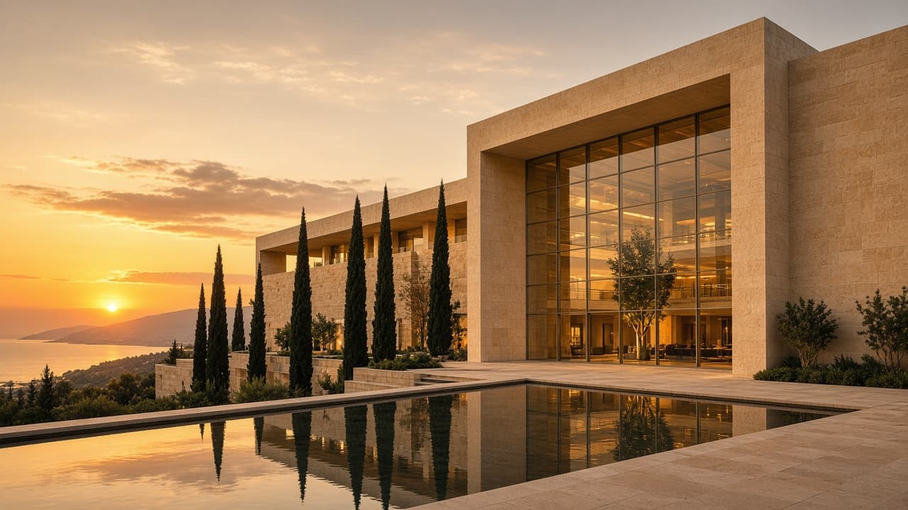 Mediterranean institutional architecture at golden hour